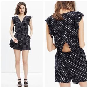 Madewell Silk Petalplay Romper in Black Dotmix Size XS